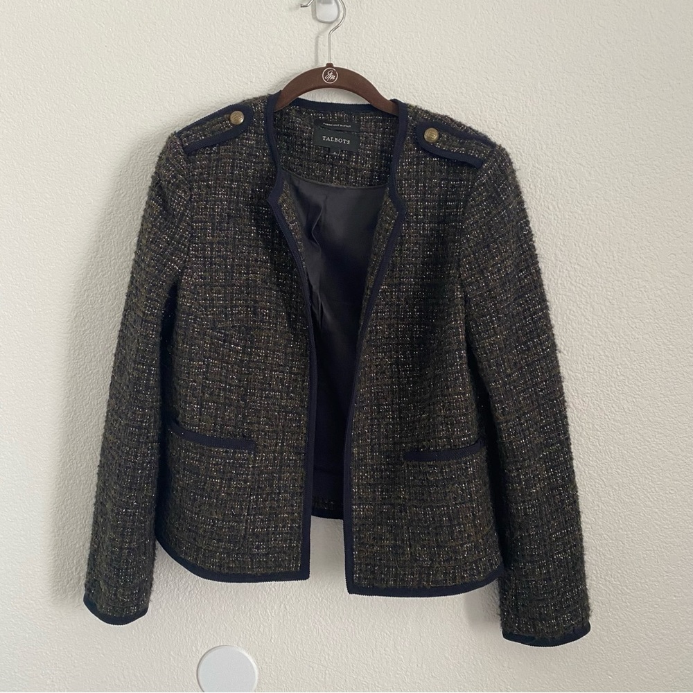 Talbots Women's Size 6 Olive Green Open Front Tweed Blazer Jacket
